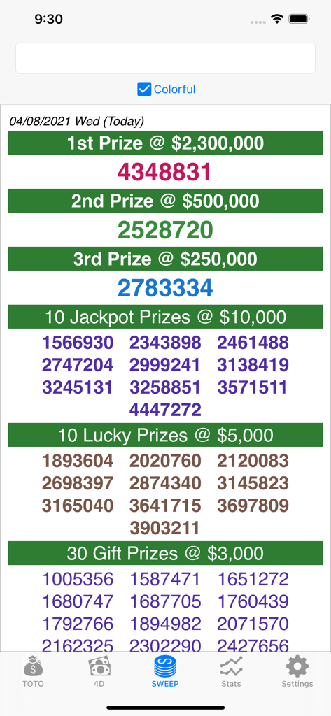 SG TOTO 4D SWEEP - Mobile app interface of SG TOTO 4D SWEEP showing the latest Singapore Sweep winning numbers and prize tiers