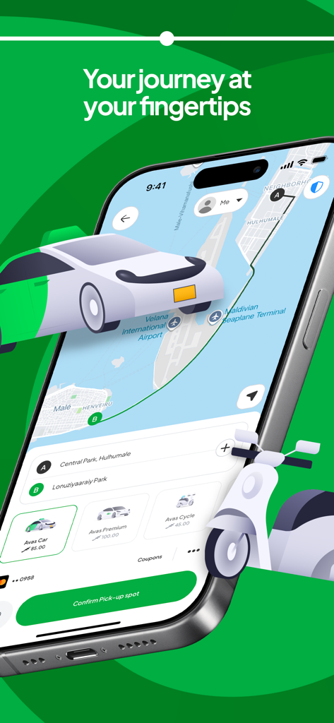 Interfaz de Avas App en un smartphone mostrando opciones de reserva de viajes para coches y motocicletas en un mapa