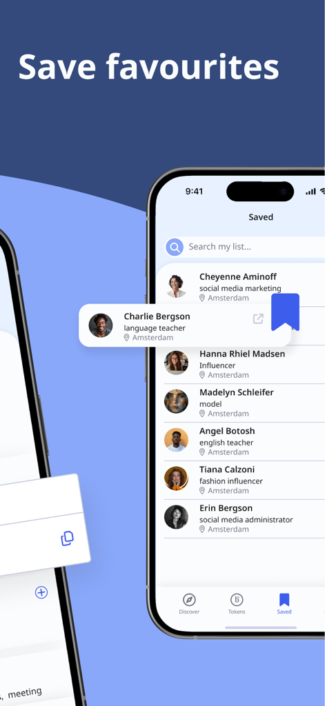 The saved favorites screen of the Buzzly app showing a list of local profiles and their professions