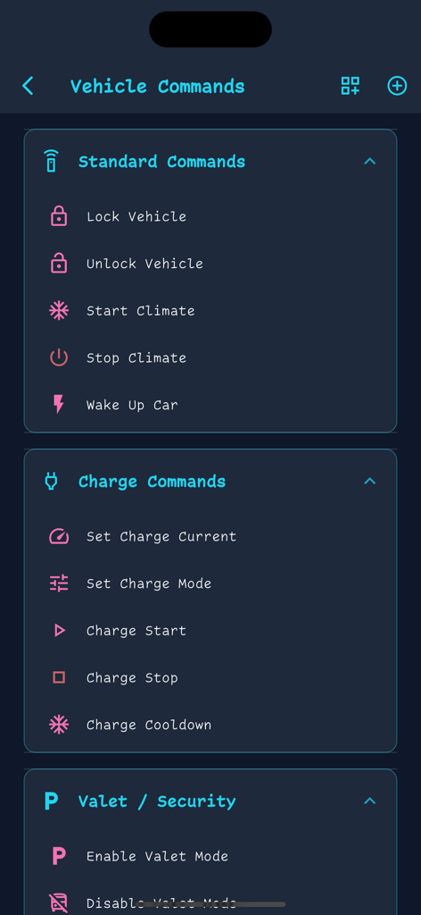 Pantalla de la aplicación móvil OVMS Connect mostrando un menú de comandos estándar, controles de carga y configuración de seguridad de valet para un vehículo eléctrico