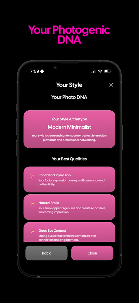 Gleam AI - Glow Up App - Screenshot dell'app Gleam AI che visualizza i risultati del DNA fotogenico, inclusi l'archetipo di stile e le qualità facciali.