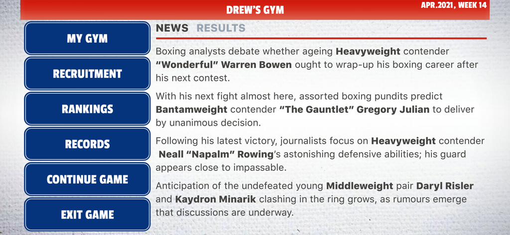The news feed and main menu of the LEATHER tactical boxing management game