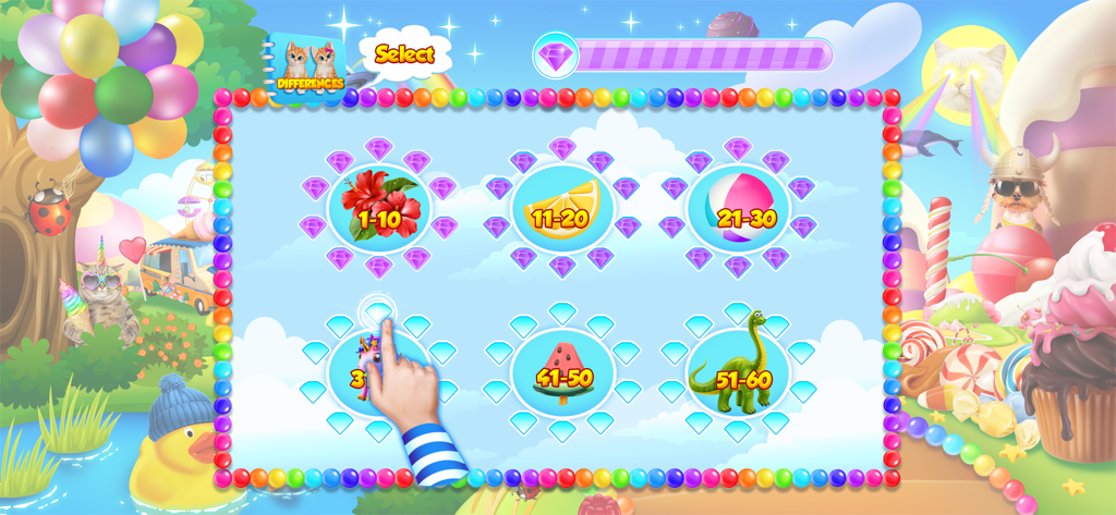 Level selection screen for spot the difference puzzles featuring colorful graphics and a child hand selecting a level