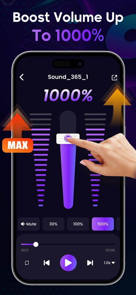 Volume Boost: Louder Sound MAX - A smartphone screen showing the Volume Boost app interface with a volume slider set to 1000 percent