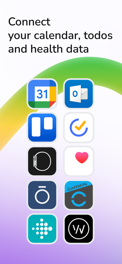 Lifestack: Circadian Planner - Integration screen for Lifestack showing icons for Google Calendar Outlook Oura and Apple Health