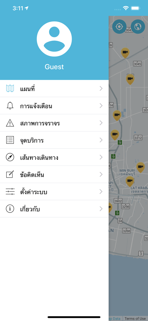 Highway Traffic - Sidebar menu of the Highway Traffic app overlaying a map with traffic camera icons
