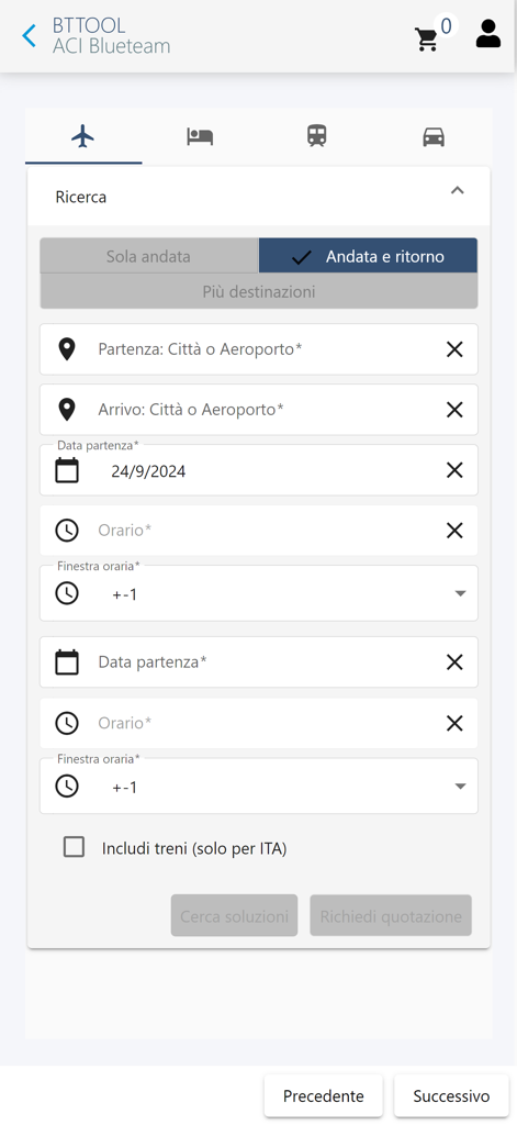 BTTool - Interfaccia dell'app BTTool che mostra i campi di ricerca voli aziendali e le opzioni di viaggio