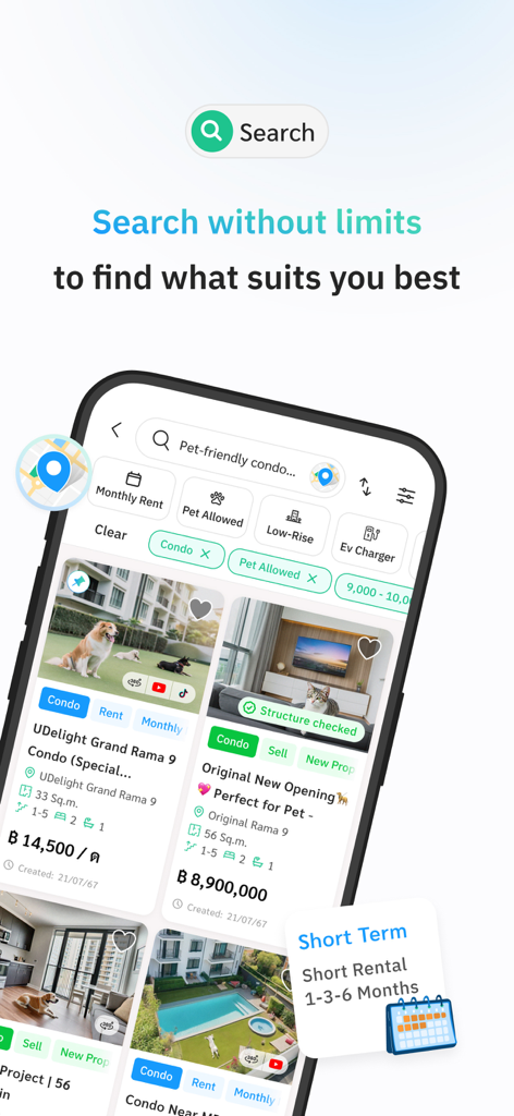 Livinginsider:Thai #1 Property - Livinginsider app search interface showing pet friendly and short term rental filters for Thai real estate
