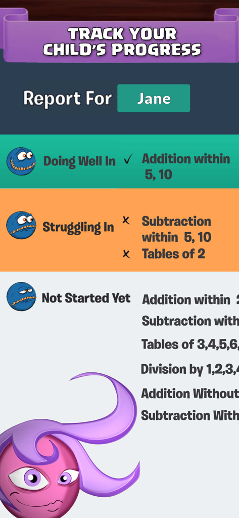 Math Duel: 2 Player Kids Games - A progress report screen for kids math skills in the Math Duel app.