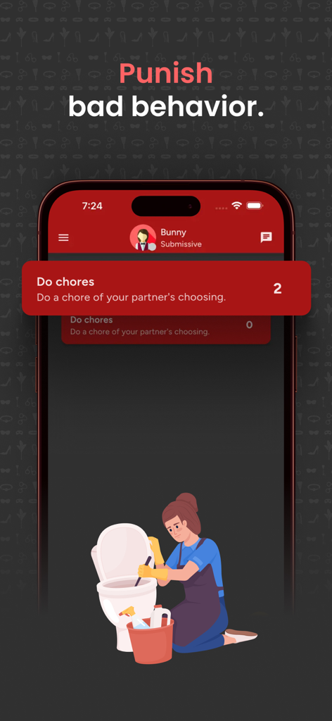 Punishment screen in the Obedience app showing a submissive user being assigned chores