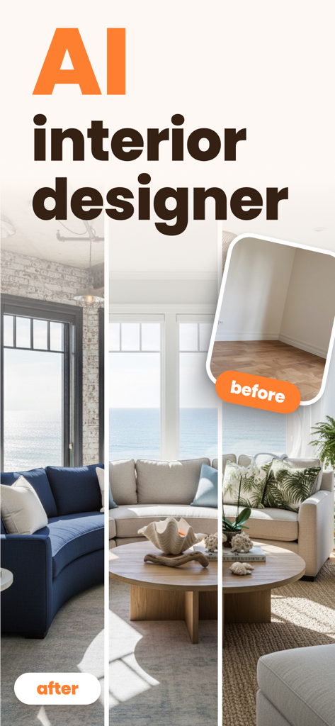 Captura de pantalla de la aplicación Roomify que muestra una transformación de diseño de interiores de antes y después de una sala de estar usando IA