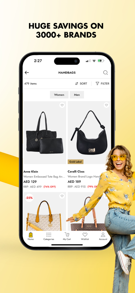 Brands For Less app showing designer handbag discounts and huge savings on brands
