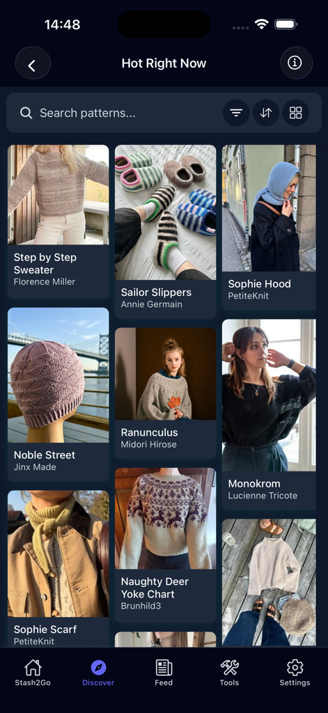 Stash2Go II - Stash2Go IIモバイルアプリのディスカバリー画面で、トレンドの編み物とかぎ針編みパターンのグリッド。
