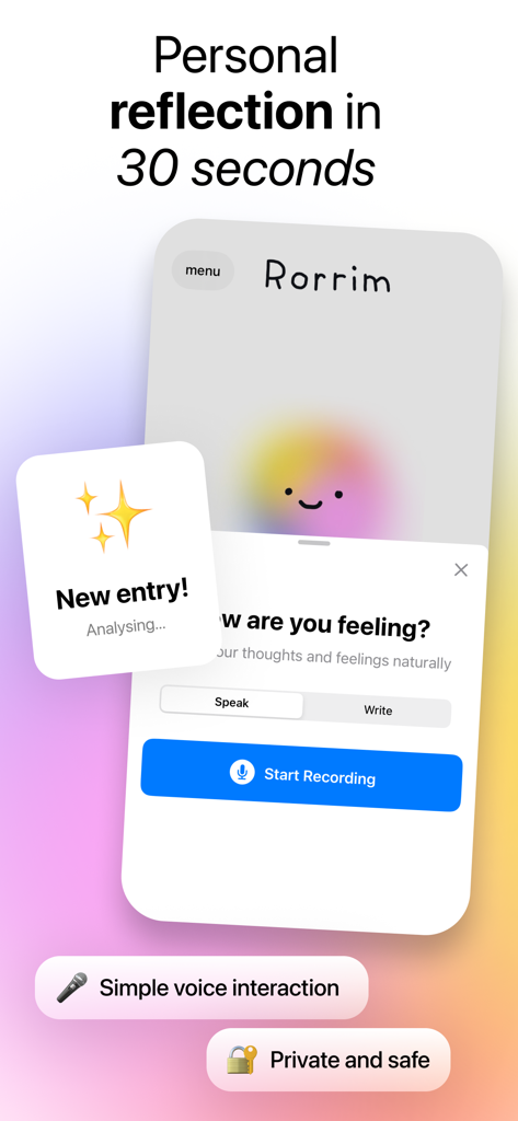 Rorrim - Smart AI Journal - Rorrim app interface showing a voice recording screen for 30 second personal reflection and AI analysis