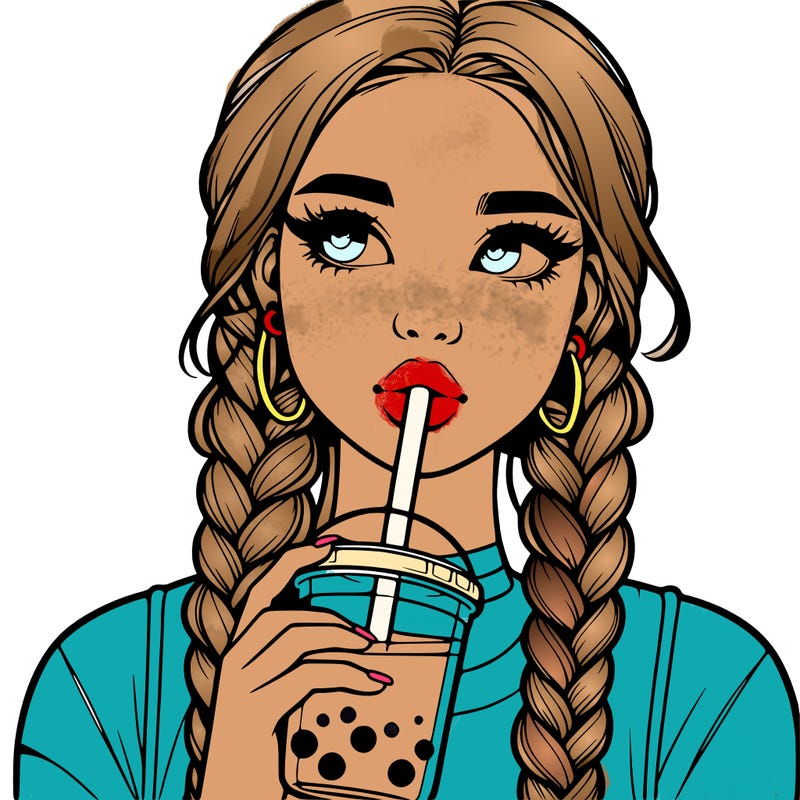 realistic girl with braided hair drinking boba
