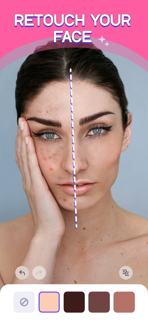 WOW Body - Best Body Editor - Before and after comparison of face retouching and skin smoothing in the WOW Body app