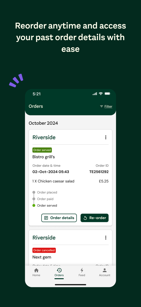 Time2Eat by Compass Digital - Time2Eat app orders screen showing past meal details and a re-order button