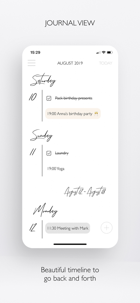 Aesthetic journal view in the PLANBELLA app showing a minimalist timeline with tasks and events.