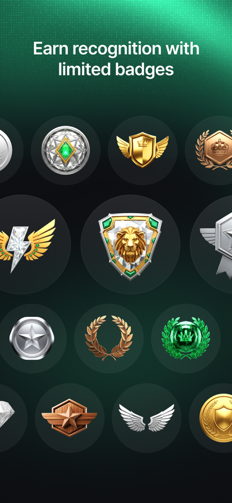Una colección de insignias de logros gamificados en la aplicación LOCKED que incluyen diseños de león, corona y rayo.