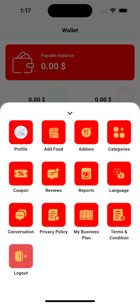 Mazoneat Restaurant - Mazoneat Restaurant app vendor dashboard with business management icons