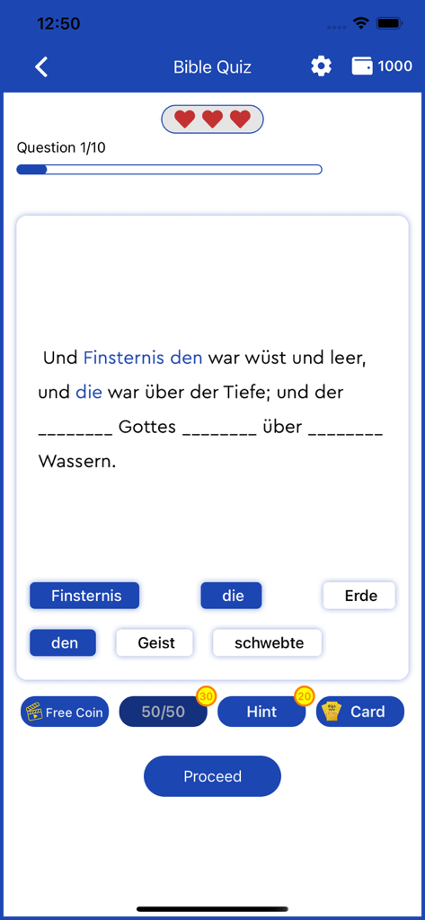 German Bible Trivia Game - 독일어 성경 퀴즈 게임의 게임 플레이 화면으로, 독일어 텍스트가 있는 성경 빈칸 채우기 문제가 표시됩니다.