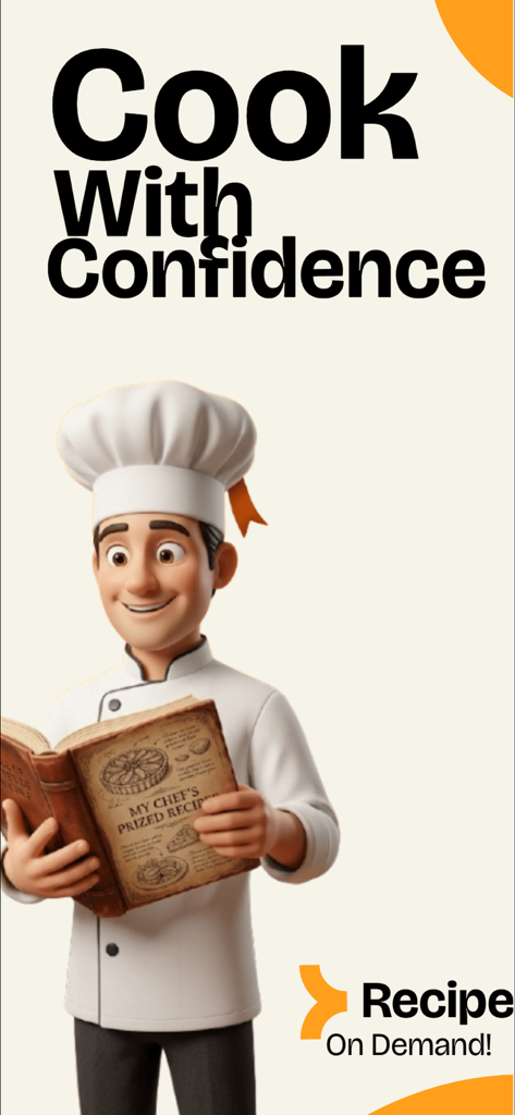 PocketChef - Meal Planner - Un personaje amigable de chef en 3D sosteniendo un libro de cocina con el titular 'Cocina con Confianza'.