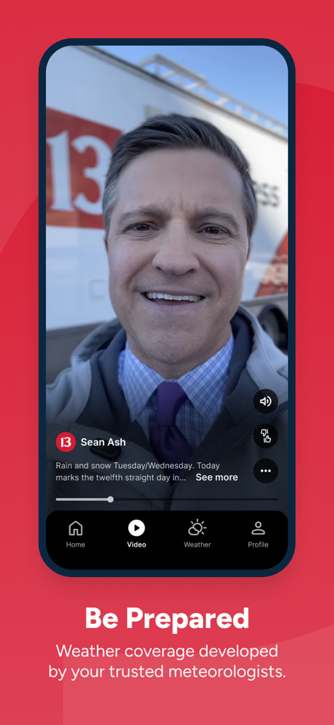 Indianapolis News from 13 WTHR - A mobile app screen showing a weather video update from meteorologist Sean Ash for Indianapolis news.