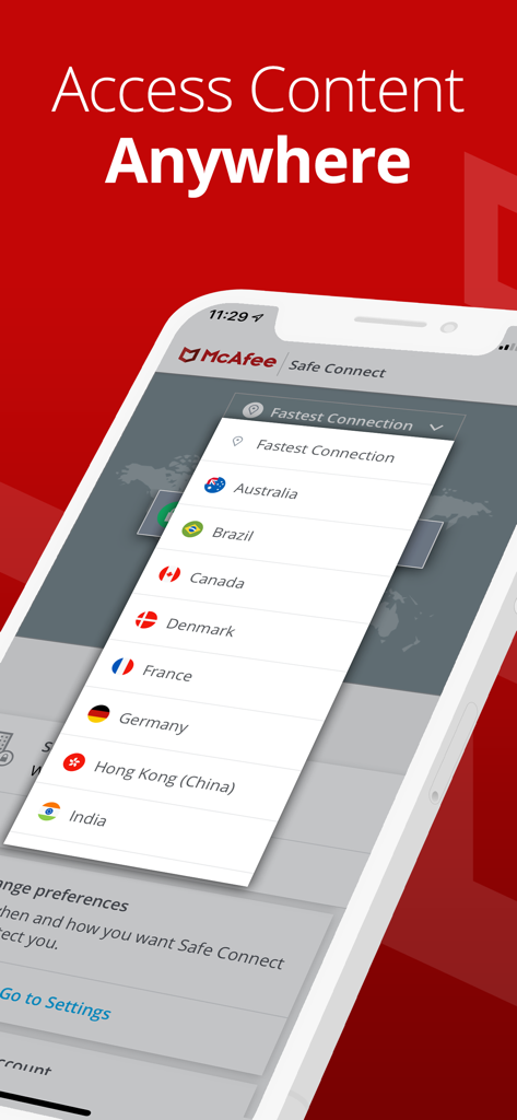 McAfee Safe VPN Connect App-Oberfläche mit einer Liste globaler Serverstandorte, einschließlich Australien, Brasilien, Kanada und Deutschland