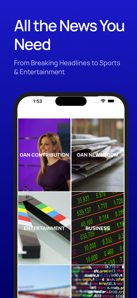 OANN app interface showing various news categories including breaking headlines entertainment and business