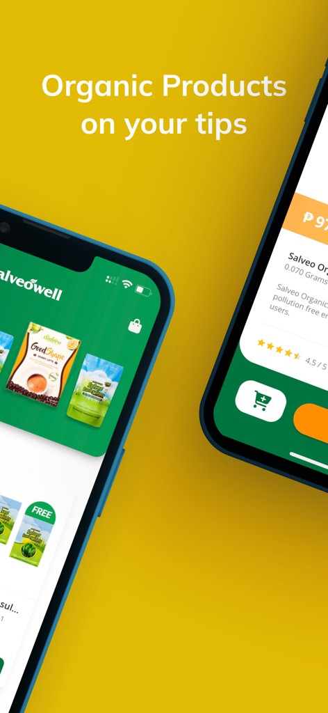 Salveowell - Screenshot of the Salveowell mobile app showing organic barley grass products on a smartphone screen