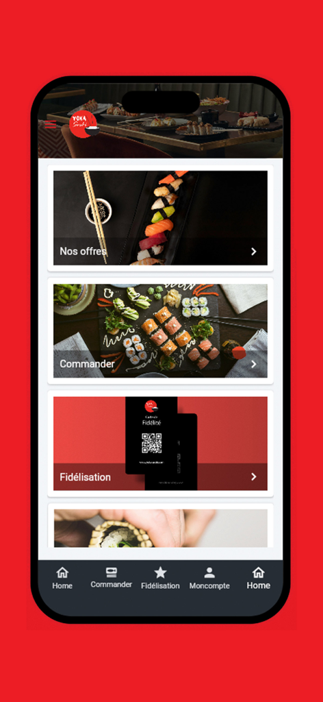 Yoka Sushi app home screen with sushi ordering and loyalty options