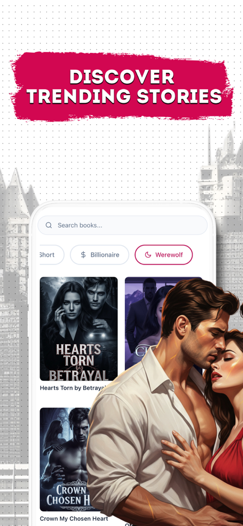 Noel - Drama Novel & Stories - Interface of the Noel app showing trending drama and romance stories with genre tags for billionaire and werewolf novels