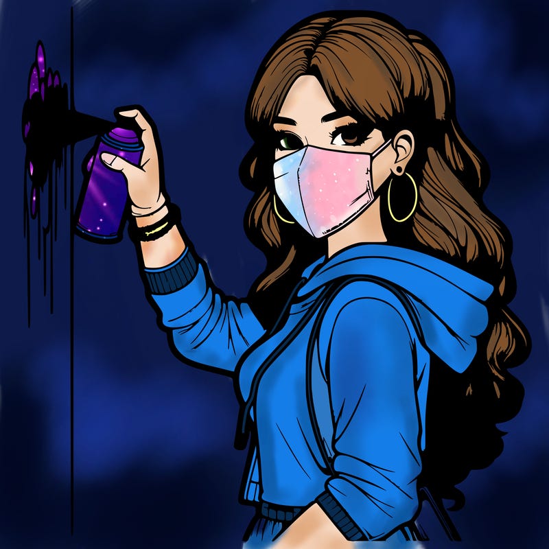 realistic girl with mask spray painting a wall