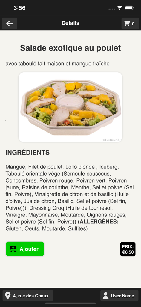 Mobile app screen showing details for an exotic chicken salad with ingredients and price