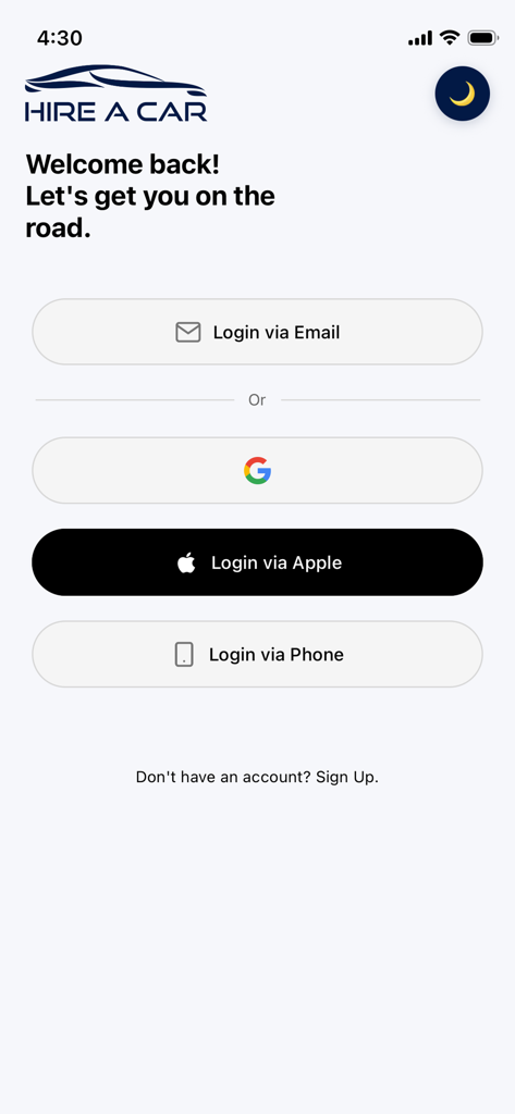 Hire A Car - 이메일, Google, Apple 및 전화번호로 로그인하는 옵션을 포함한 Hire A Car 모바일 앱의 로그인 화면
