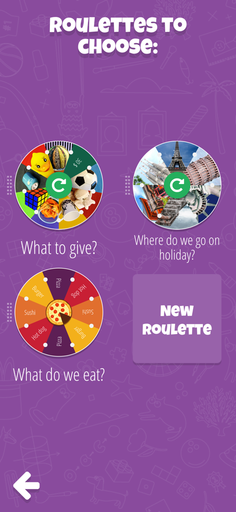 Decision Roulette: you choose! - ギフト、ホリデー、食品などのさまざまなホイールオプションが表示された意思決定ルーレットアプリのインターフェース