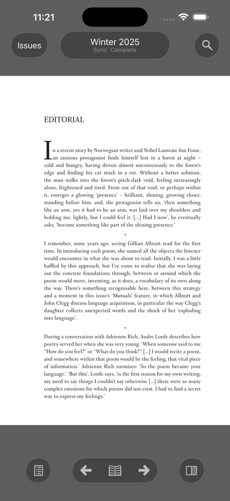 A digital editorial page from The Poetry Review app displaying text about contemporary poets.