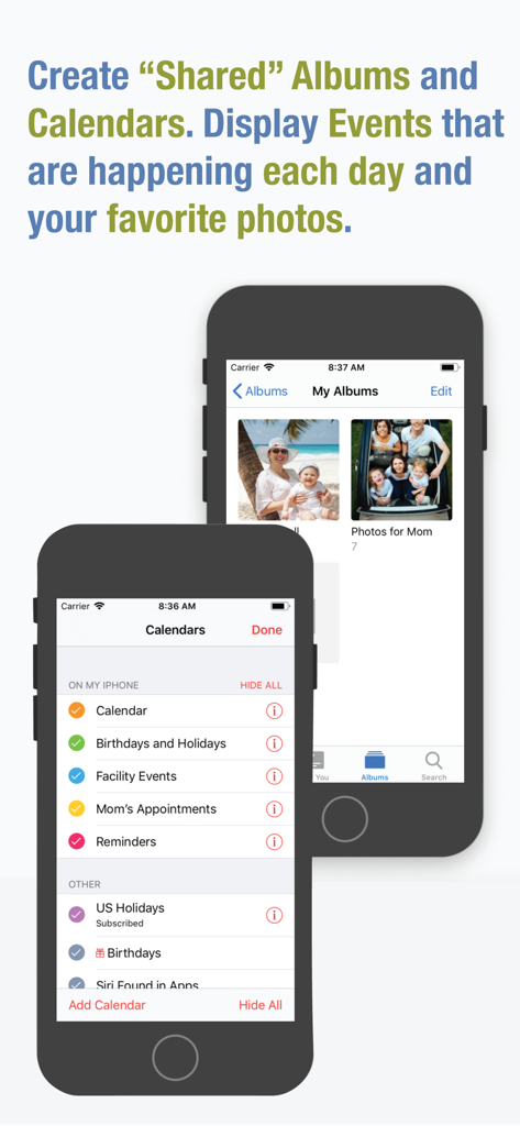 Clocke - Interface mostrando configurações de calendário compartilhado e álbum de fotos para cuidados com idosos