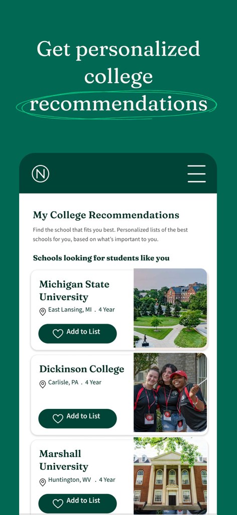 Niche app interface displaying personalized college recommendations for universities including Michigan State and Dickinson College