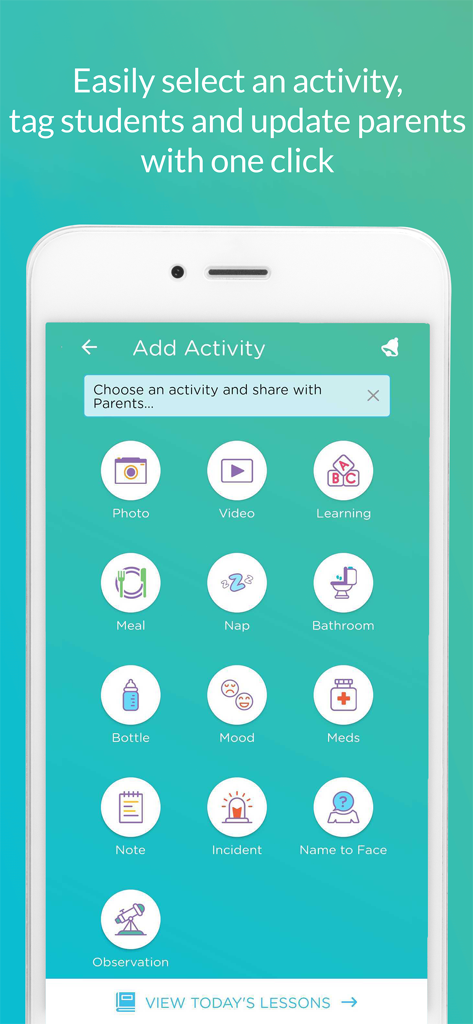 Procare app interface showing icons for tracking childcare activities like meals, naps, and learning milestones