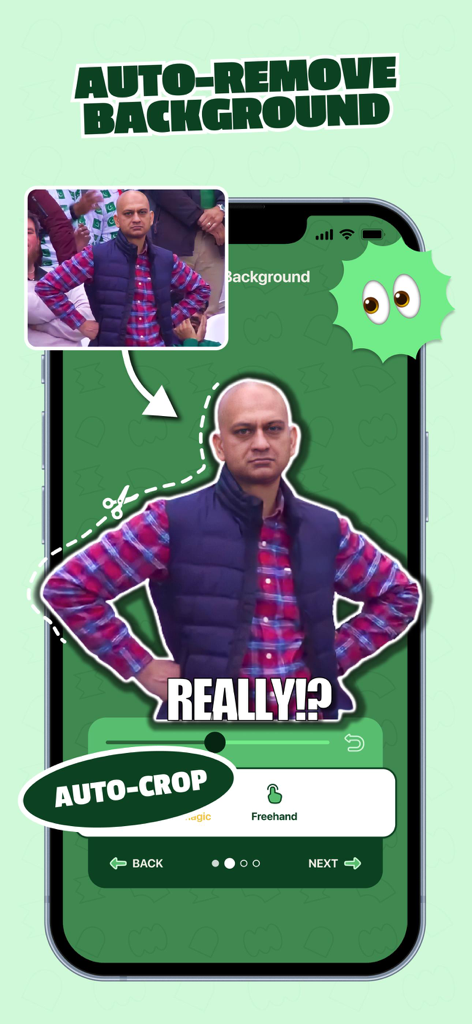 WhatSticker - Sticker Maker - Interface of the WhatSticker app showing the auto-remove background feature being used on a popular meme character.