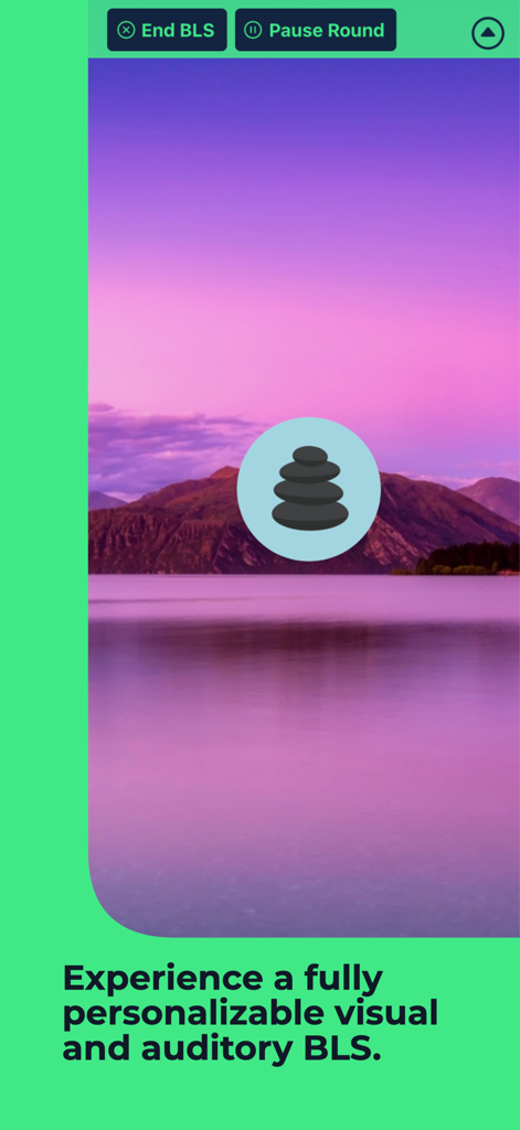 BLS by Easy EMDR - Screenshot of a customizable BLS session featuring a landscape background and a stone icon