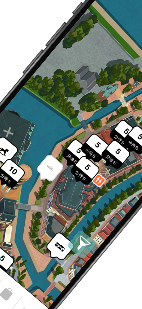 ハウステンボス 公式アプリ - Digital map of Huis Ten Bosch theme park showing live attraction wait times and transportation icons