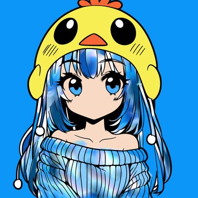 anime girl with chick shaped hat with sweater with bare shoulders with bangs covering them one eye with low tail
