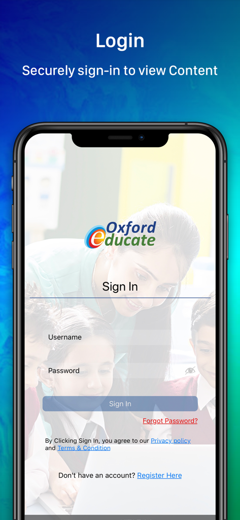 Oxford Educate - Login screen of the Oxford Educate app with username and password fields