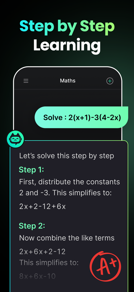 TutorCat - AI Homework Help - Mobile screenshot of TutorCat app demonstrating step by step AI math problem solving