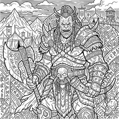 Step into the world of fantasy with this impressive coloring page featuring a mighty Orc Chieftain. Adorned in battle armor and holding a formidable axe, this design promises an exciting coloring challenge.
