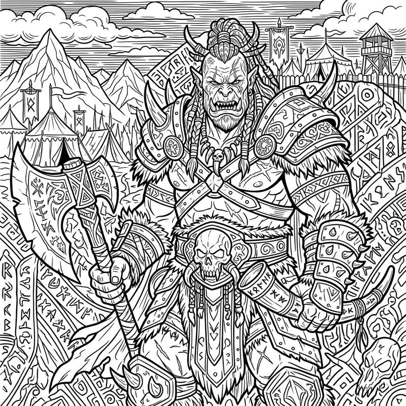 Step into the world of fantasy with this impressive coloring page featuring a mighty Orc Chieftain. Adorned in battle armor and holding a formidable axe, this design promises an exciting coloring challenge.