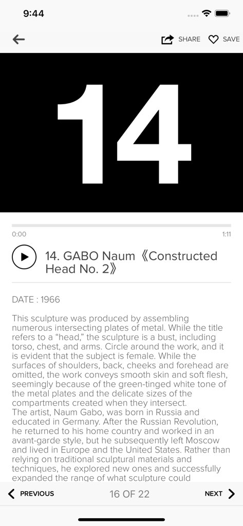 Audioguide-Bildschirm, der die Beschreibung und Wiedergabesteuerung für die Naum Gabo-Skulptur "Constructed Head No. 2" zeigt.