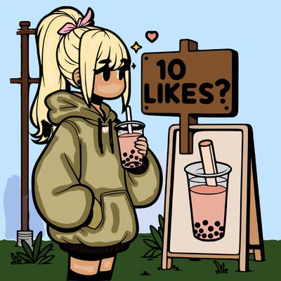 girl with oversized hoodie drinking boba and she has a high ponytail with a sign that says 10likes?